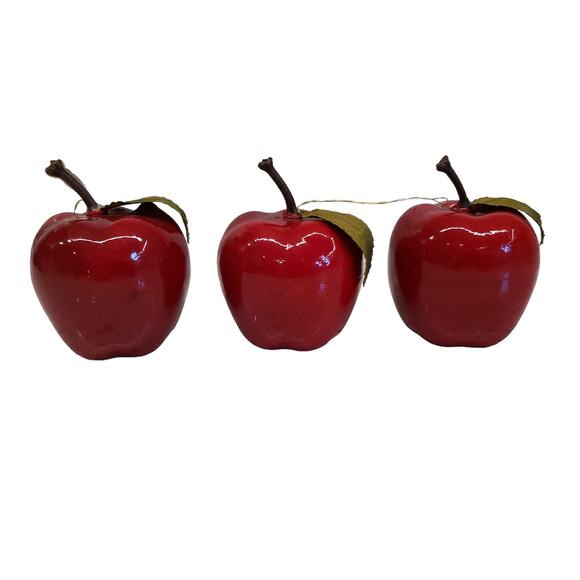 Vintage Red Apple Christmas Ornaments Light Weight Shiny Red Apples Green Silk - Picture 1 of 9
